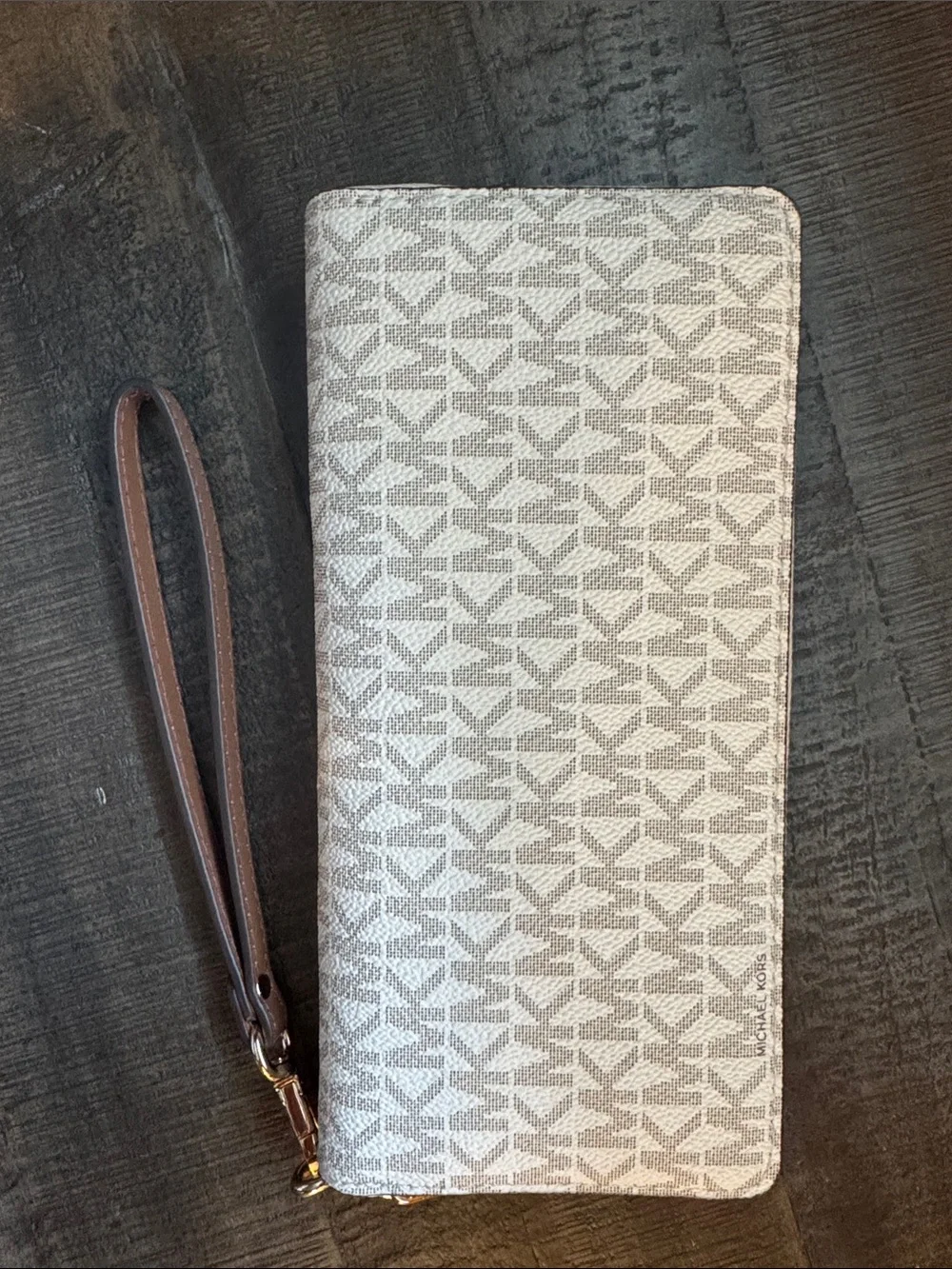 Michael Kors Cream Logo Print Wristlet with Tan Strap